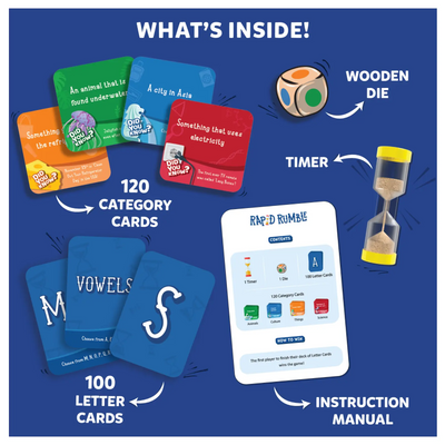 Rapid Rumble board game set with cards, die, timer, and instruction manual for ages 6+