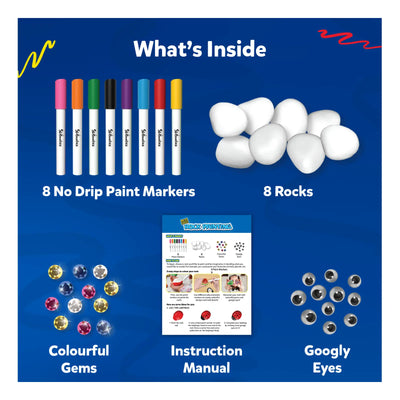 Rock painting kit with markers, rocks, gems, googly eyes, and instruction manual for kids