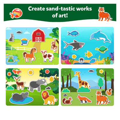 Children’s sand art kit with four themed scenes and animal cutouts from Artsy Explorers Bundle