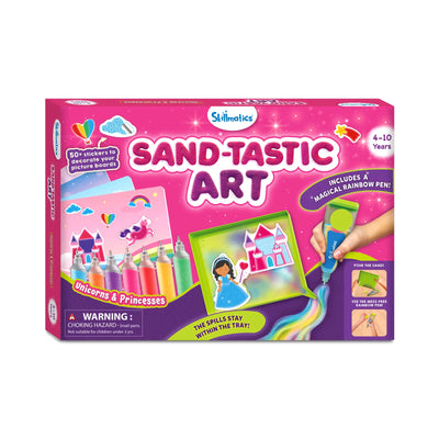 Vibrant Sand-Tastic Art kit for ages 4-10 with unicorns, princesses, stickers, and rainbow pen