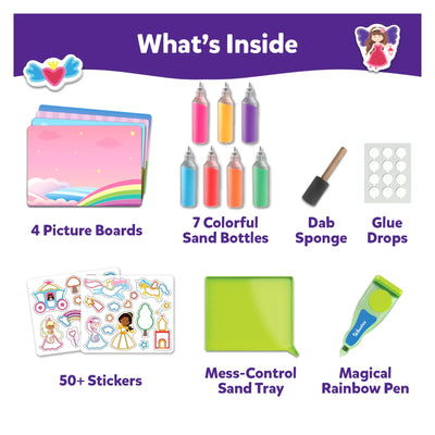 Children’s sand art kit with colorful supplies for creating Unicorns and Princesses