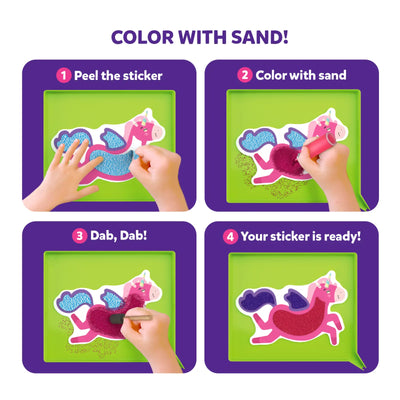 Colorful four-step sand art guide for decorating a unicorn sticker in Sand-Tastic Art kit