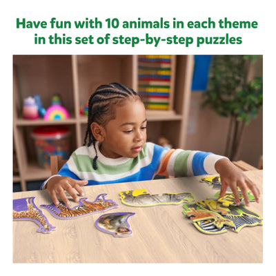 Young child playing with animal-themed puzzle pieces from Step By Step Puzzle Combo 3+