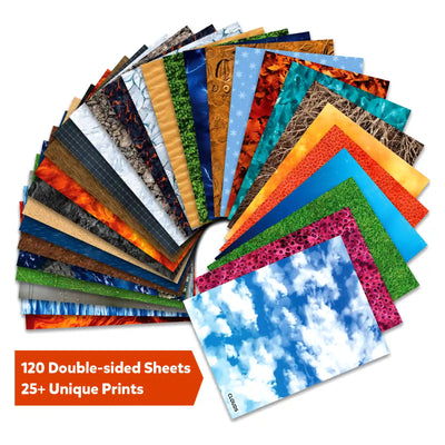 Fanned display of 120 construction paper sheets with diverse textures, patterns, and cloud design