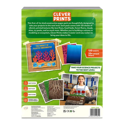 Clever Prints construction paper pack with 120 sheets of vibrant textured designs for science projects