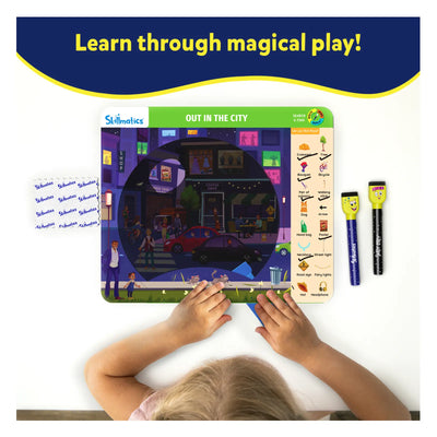 Interactive learning game board with magic lens and electronic pens for hidden objects