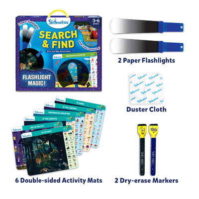 Children’s Search and Find activity kit with flashlight magic and reusable mats for ages 3-6