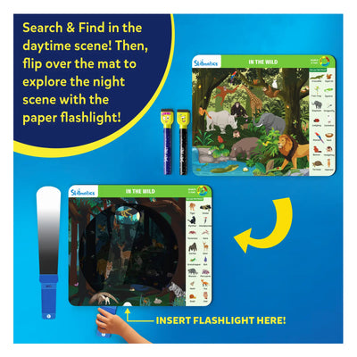 Interactive In the Wild themed reusable activity mat with paper flashlight for day and night exploration
