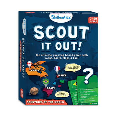 Blue board game box for Scout It Out Countries of The World trivia game for ages 7 to 99