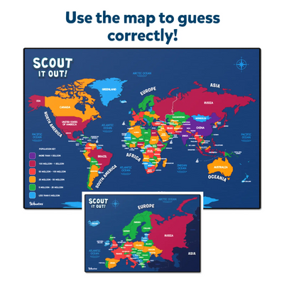 Colorful world map with population key for Scout it Out Countries of The World game