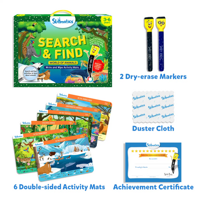 Search & Find Animals reusable activity mats for ages 3-6 with markers and certificate