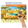 Educational Search and Find Animals activity mat with hand circling grassland animals for ages 3-6