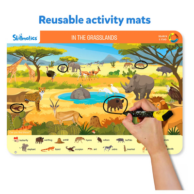 Educational Search and Find Animals activity mat with hand circling grassland animals for ages 3-6