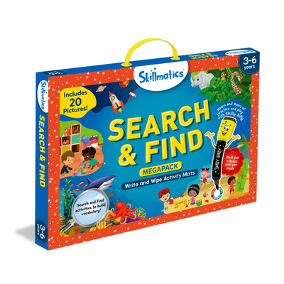 Skillmatics Search & Find Megapack game with 20 picture cards and write & wipe activity mats for ages 3-6