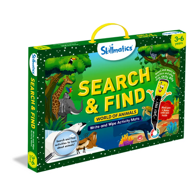 Skillmatics Search & Find World of Animals activity set with write and wipe mats and multi-color pen for ages 3-6