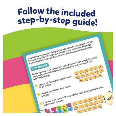 Educational language activity set with wooden and colored word tiles and a guide for ages 5-8