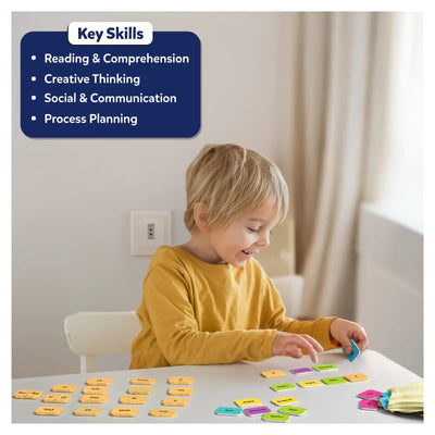 Young child playing with colorful educational tiles for Sentence Search Sentence Building Activity