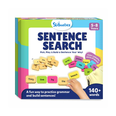 Skillmatics Sentence Search game for ages 5-8 with colorful word tiles for sentence building