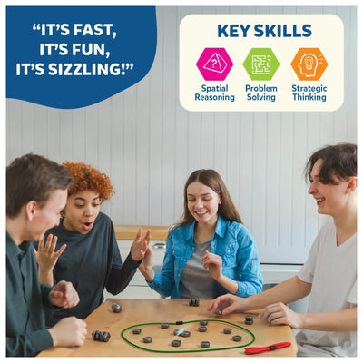 Four young people playing Sizzle Classic Magnetic Attraction Game, showcasing strategic thinking