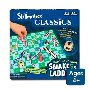 Skillmatics Snakes and Ladders board game packaging with a hand interacting with the game.