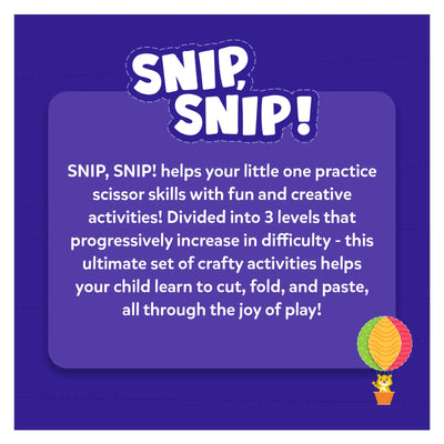 Purple and dark purple infographic on scissor skills activities for children in Snip Snip Kit