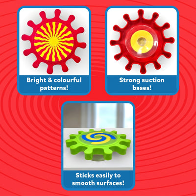 Three feature panels for Skillmatics Spinny Gears Pattern Pop on a red background. Top-left shows red gear with yellow sunburst and text "Bright and colourful patterns." Top-right shows red gear back with yellow suction cup and text "Strong suction bases." Bottom panel shows green spiral gear flat on a wooden surface with text "Sticks easily to smooth surfaces."