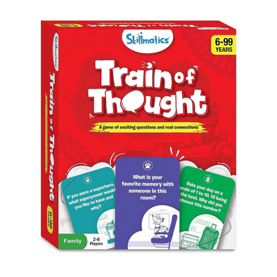 Back of Train of Thought Conversation Starters card game in red box for engaging questions