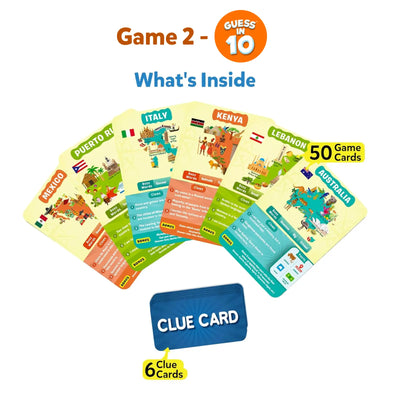 Educational game cards featuring Countries and Clue Cards from Travel and Build Combo for ages 7+