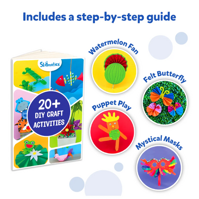 Colorful DIY craft kit for children with over 20 activities including watermelons, butterflies, puppets, and masks