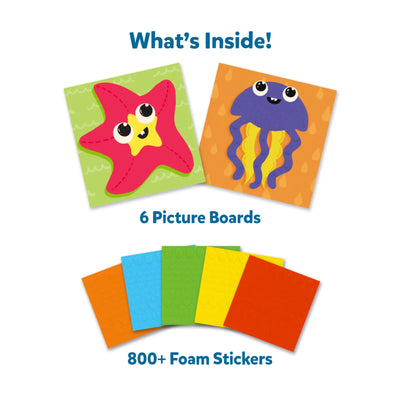Children’s craft kit with six sea-themed picture boards and 800 foam stickers for creative ocean art
