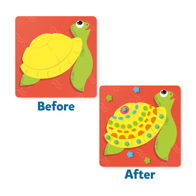 Plain yellow turtle transforming into decorated colorful ocean-themed foam sticker set