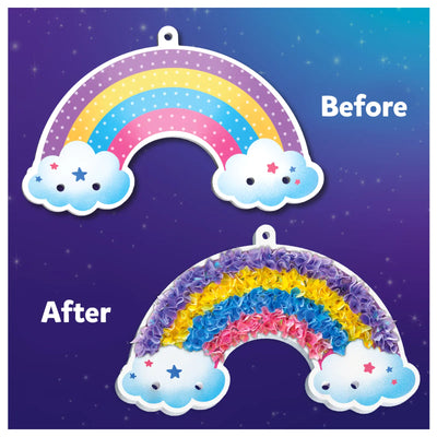 Craft kit for creating textured rainbow and cloud decorations, before and after stages