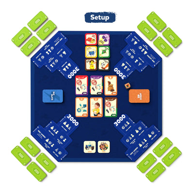 Up Start Entrepreneurship and Business Strategy Game setup with cards, play money, and pieces