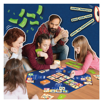 Family playing Up Start Entrepreneurship and Business Strategy Game for ages 7+