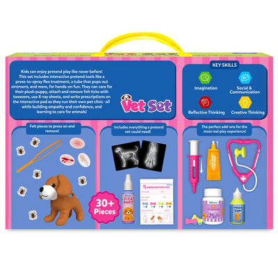 Back of the Skillmatics Vet Set packaging featuring the product overview, key skills including imagination, communication, reflective thinking, and creativity, lifestyle play scene, close-up feature demonstrations, product contents, safety certifications, manufacturing details, and barcode.