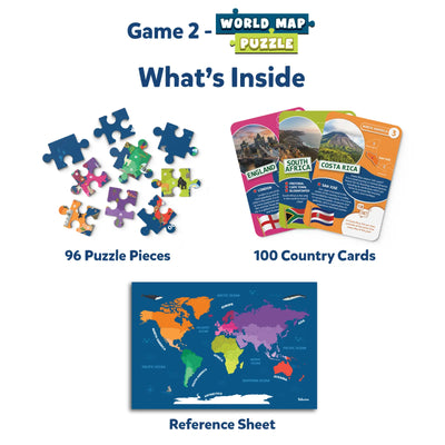 World Travel Adventure Pack with world map puzzle, country cards, and reference sheet