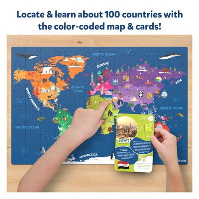 Colorful interactive world map puzzle with country cards from World Travel Adventure Pack