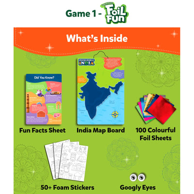 Educational kids craft kit with India map board, foil sheets, foam stickers, and googly eyes