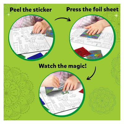 Instructions for foil art craft kit in the World Travel Adventure Pack for ages 4+