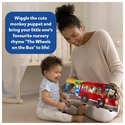 Interactive children’s bus-shaped puppet book with a monkey puppet and pop-up camera