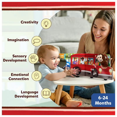 Interactive red bus toy with monkey puppet for infants 6-24 months to boost creativity