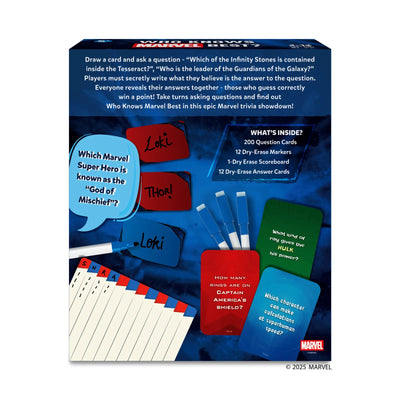Marvel-themed trivia game box for Who Knows Marvel Best card game ages 8+