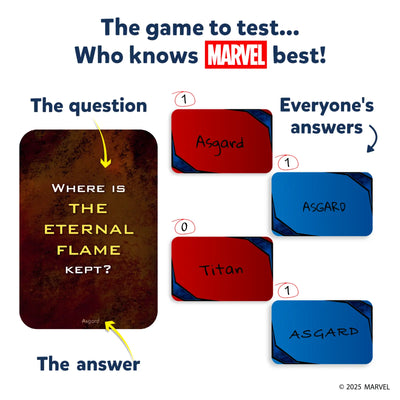 A card-based Marvel trivia game for ages 8 and up in the Who Knows Marvel Best series