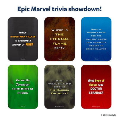 Set of six Marvel trivia cards for the Who Knows Marvel Best card game for ages 8+