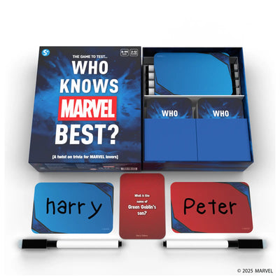 Marvel-themed trivia board game with dry-erase answer cards for ages 8 and up