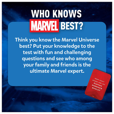 Marvel themed card game box for Who Knows Marvel Best for ages 8 and up