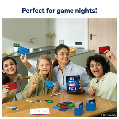 Group of people playing Who Knows Marvel Best card game for ages 8+ with Marvel-themed cards