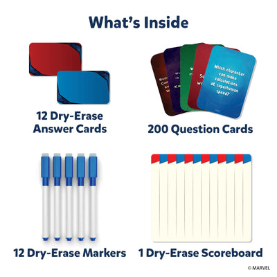 Game components for Who Knows Marvel Best card game including answer cards markers scoreboard