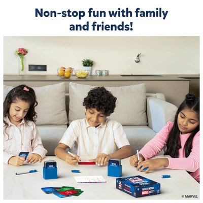 Three children playing Who Knows Marvel Best card game for ages 8 and up