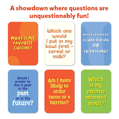 Colorful question cards for the Who Knows You Best? card game for ages 8 and up